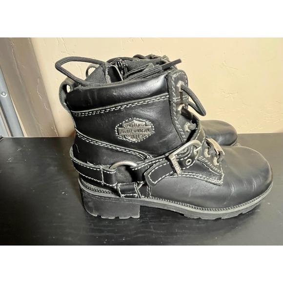Harley Davidson Leather Moto Ankle Boots Lace Up Side Zip Buckle Womens 6.5 - Picture 2 of 6
